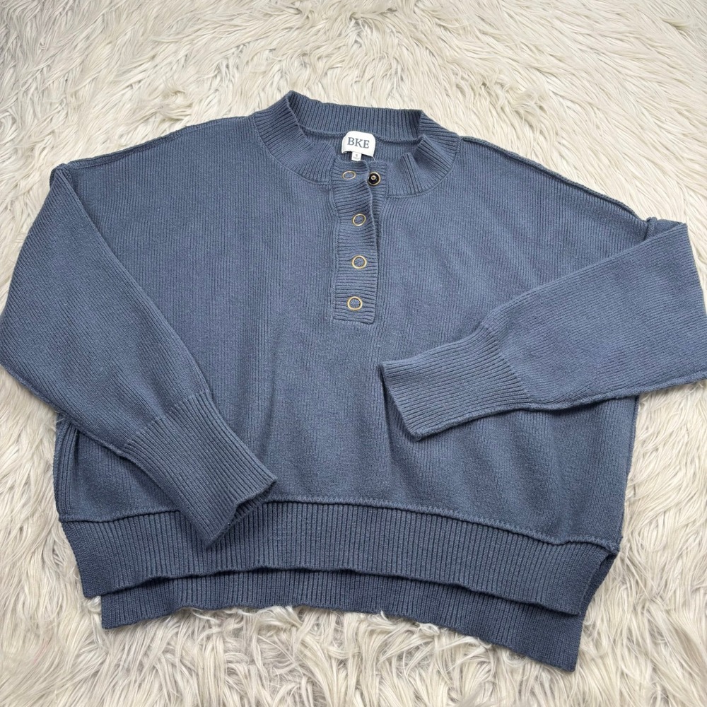 BKE Buckle Women's S Blue‎ Boxy Henley Sweater Preppy Moto Normcore Cozycore